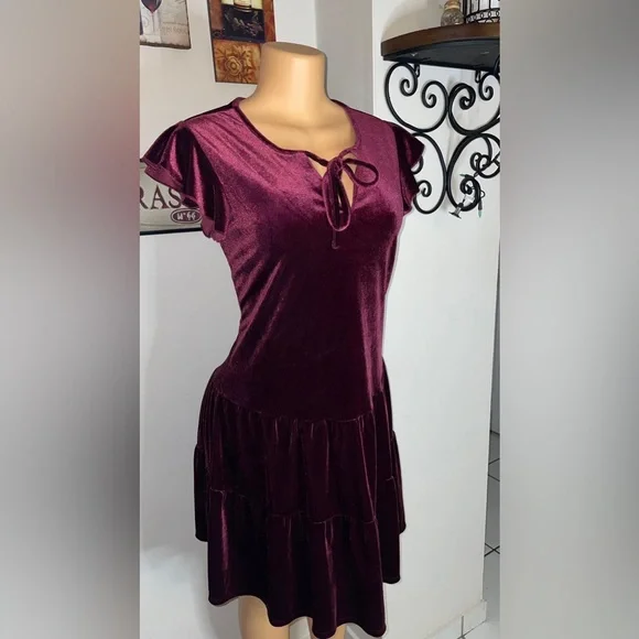 New With Tags, Velvet Tiered Ruffle Sleeve Dress, Medium but fits like Large - Picture 3 of 6
